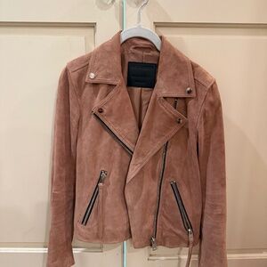 All Saints Dalby Biker Suede Moto Jacket in Rose Pink